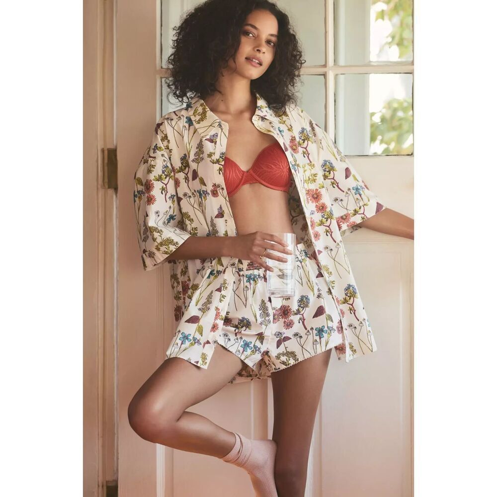 ANTHROPOLOGIE Women Sz M Cream Flowers Oversized Cotton Lounge Pajama Top